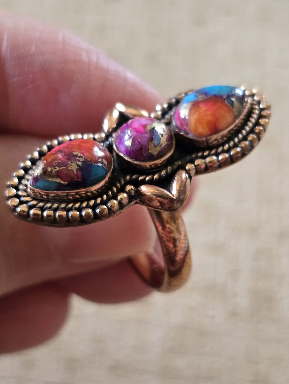 Southwestern Pink Spiny Turquoise Copper Ring - Picture 2 of 3
